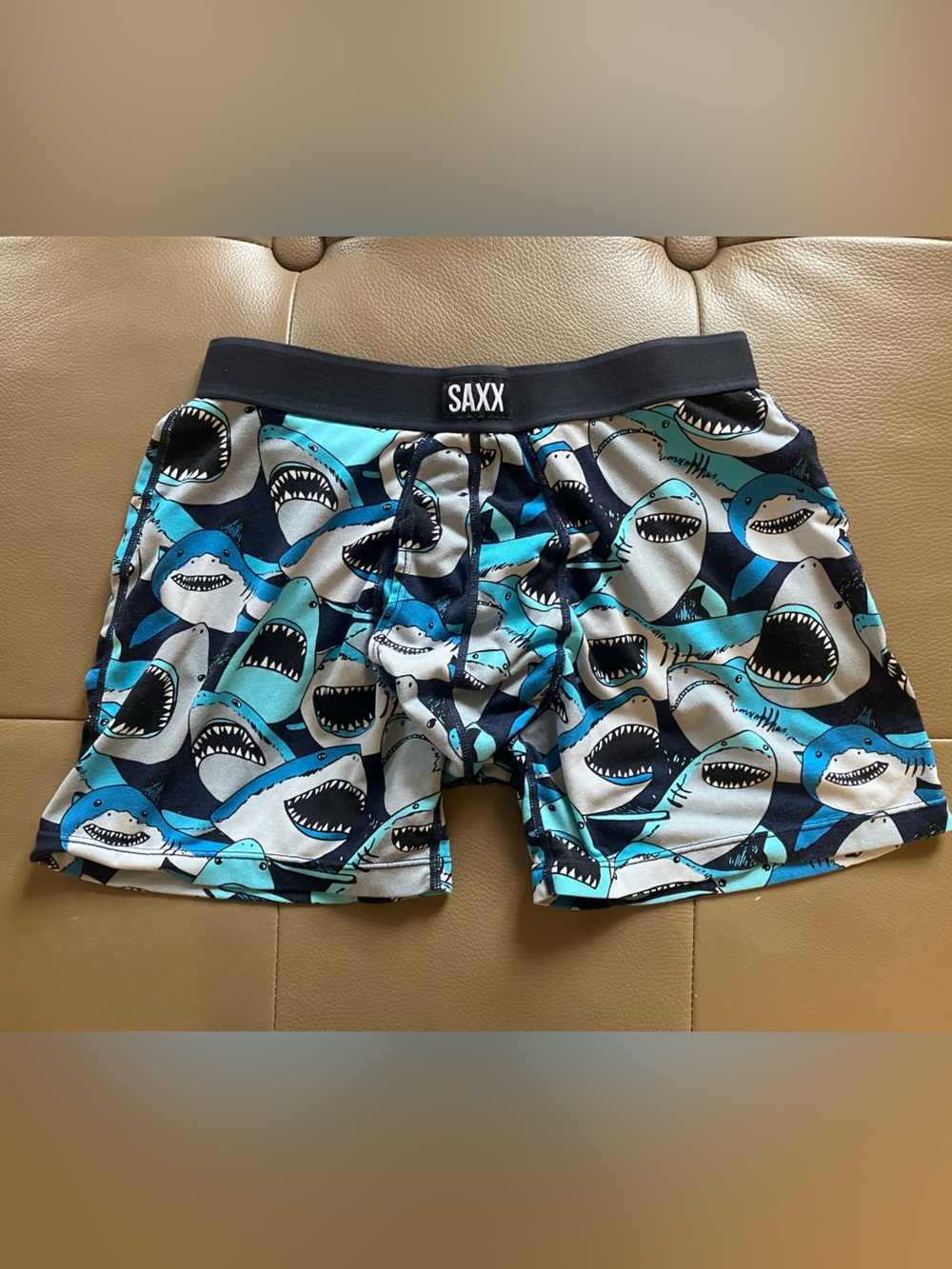 Saxx Shark Print Swim Trunks - Blue, Black, White